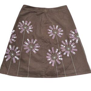 Boden A-Line Skirt – Brown with Velvet & Sequin Flower Embellishments – Size 8